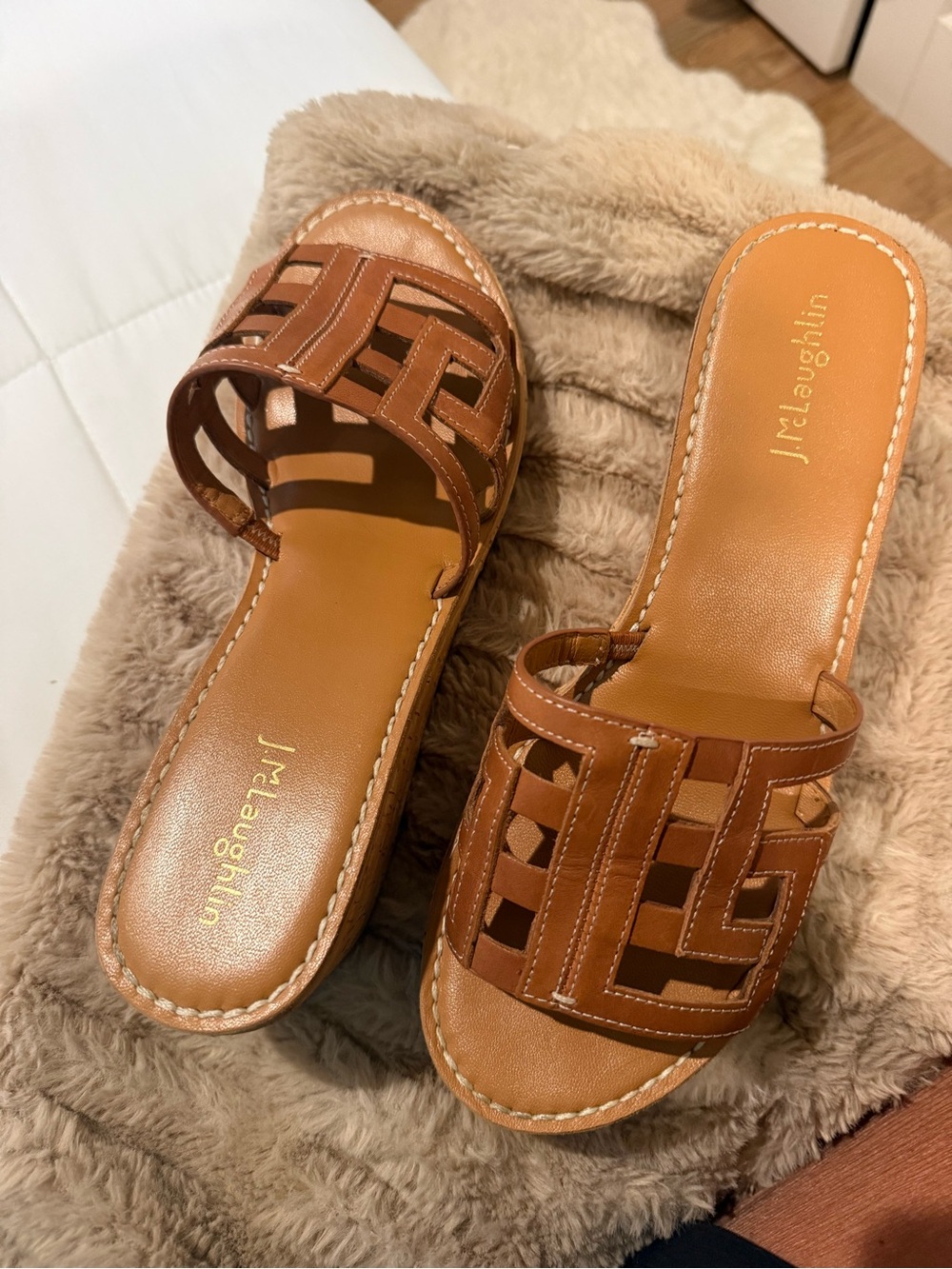 J. McLaughlin Tan Woven Leather Wedge Slide